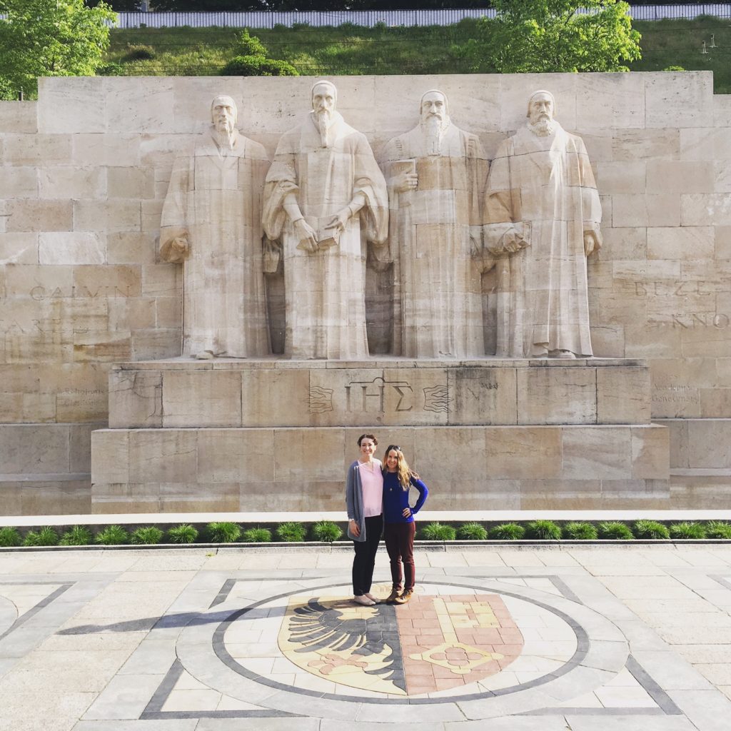 in front of the Reformation Wall in Geneva